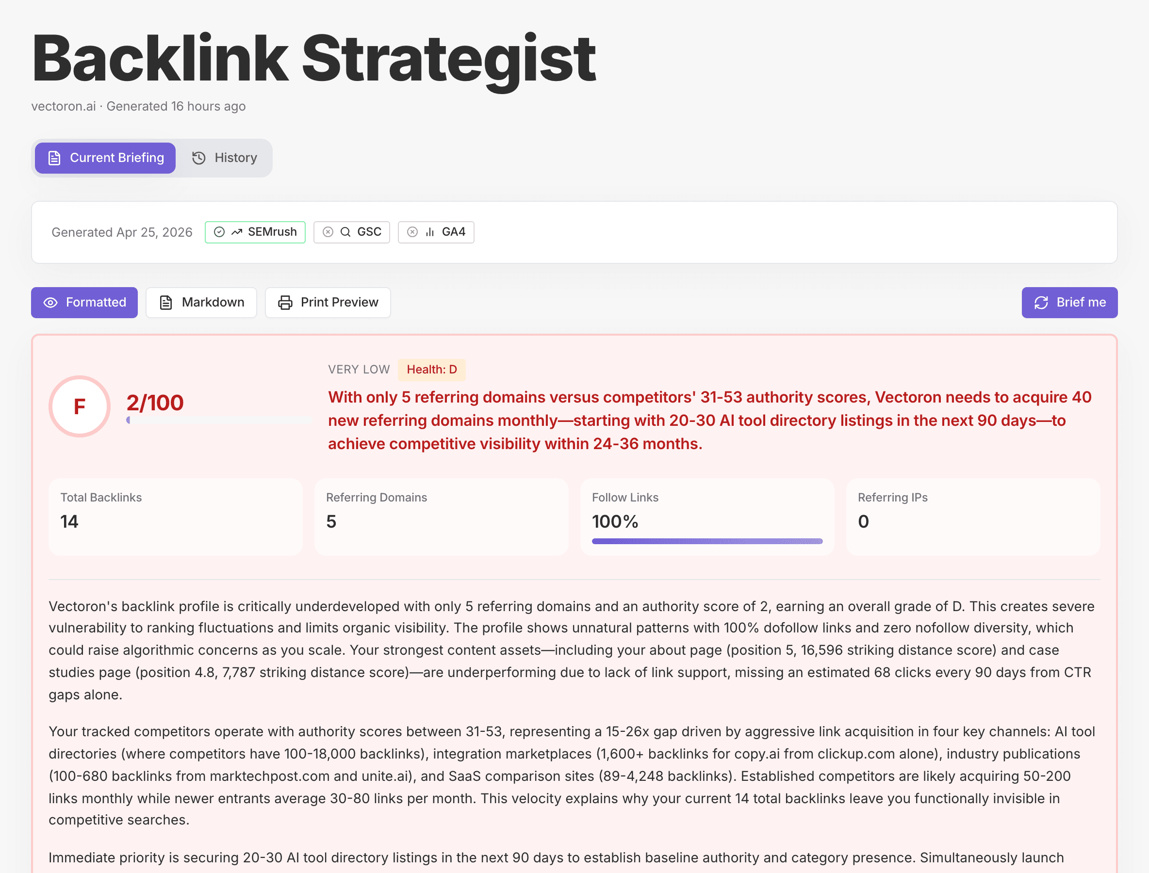 Backlink Strategist findings showing profile health grade, link velocity, and prioritized acquisition recommendations