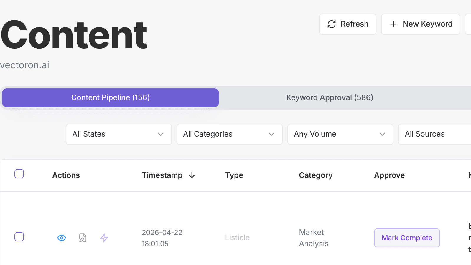 Expanded content library showing articles, categories, scores, and production status
