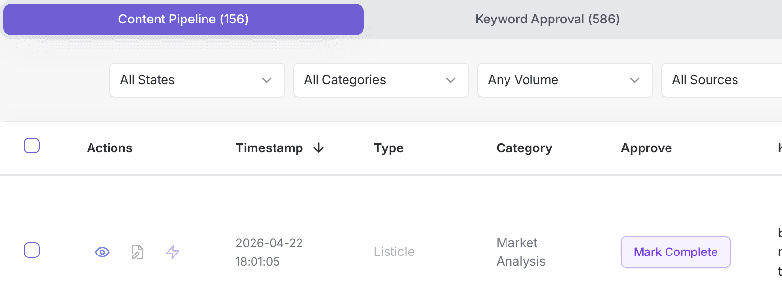 Content strategist library showing approved and in-production articles for a website