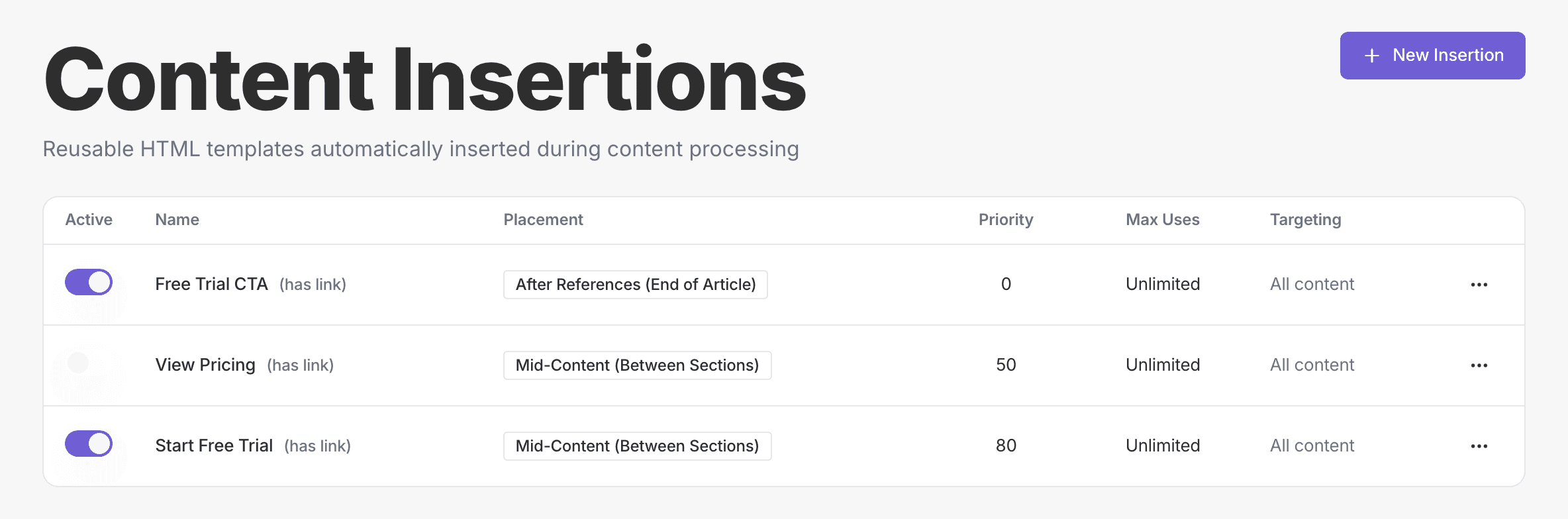 Vectoron content insertion library showing reusable blocks organized for article placement