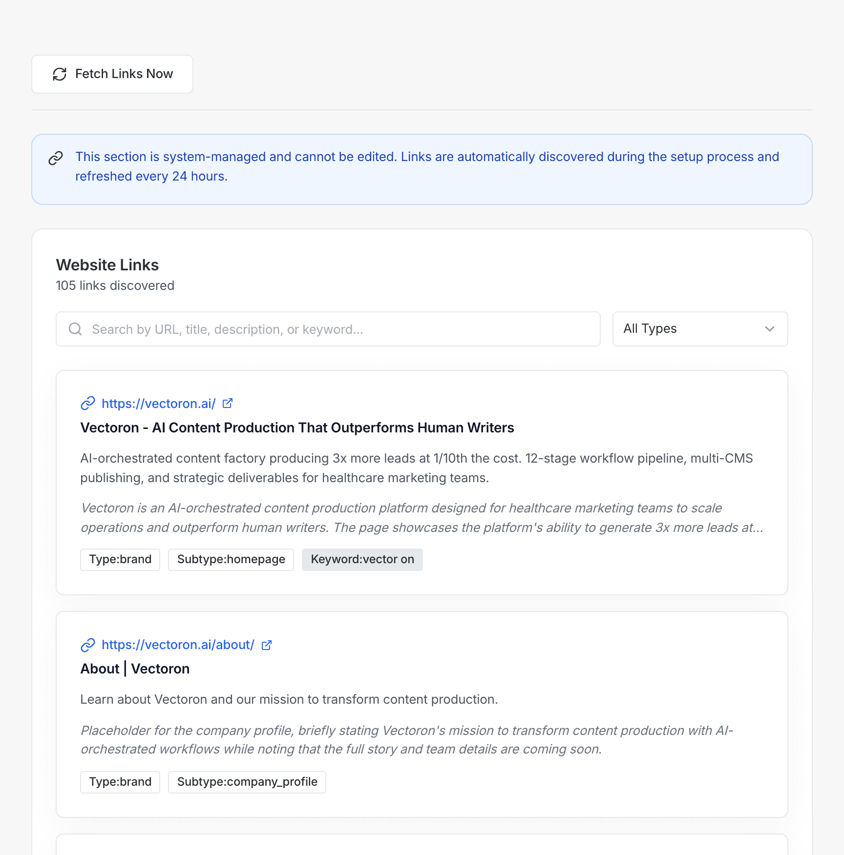 Vectoron internal linking setup showing 105 destination pages discovered, typed by brand and thought leadership, with keyword tags for semantic scoring