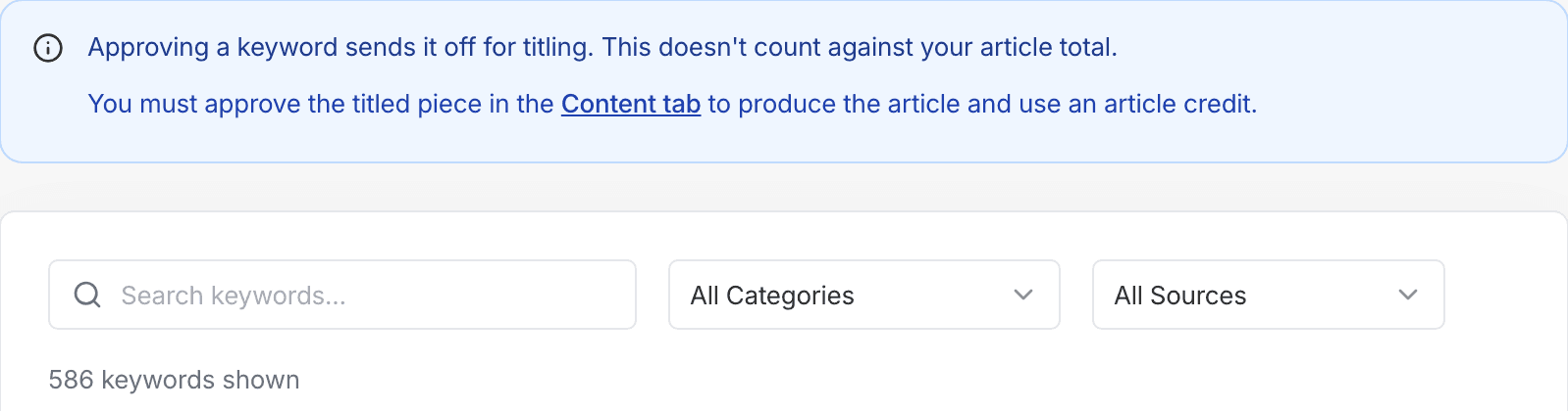 Keyword approval instructions explaining how approved gaps move into content