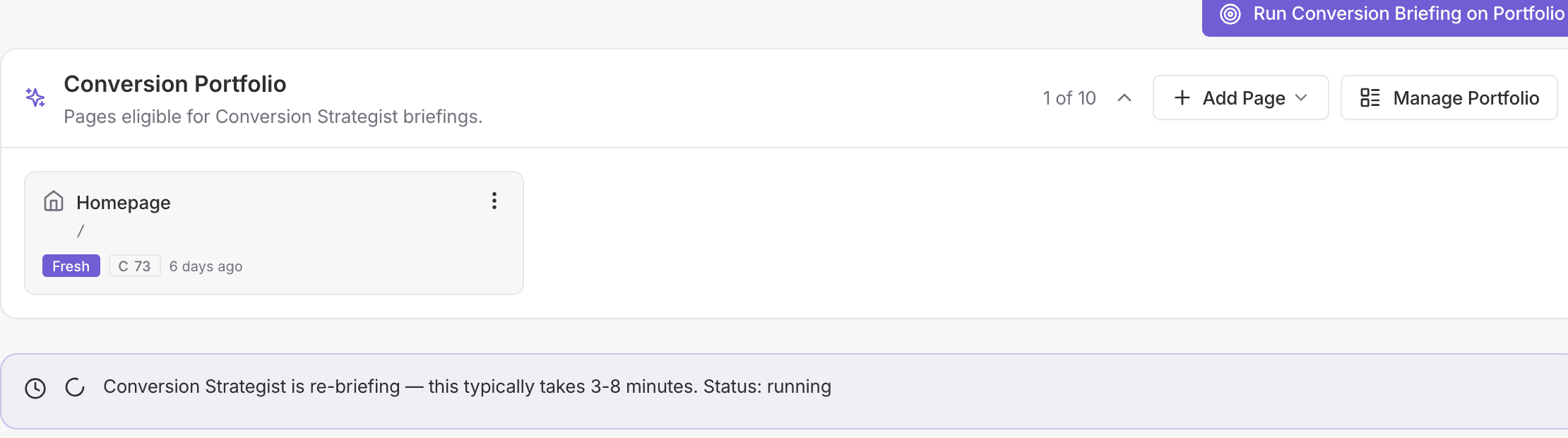 Conversion portfolio showing eligible pages and briefing status