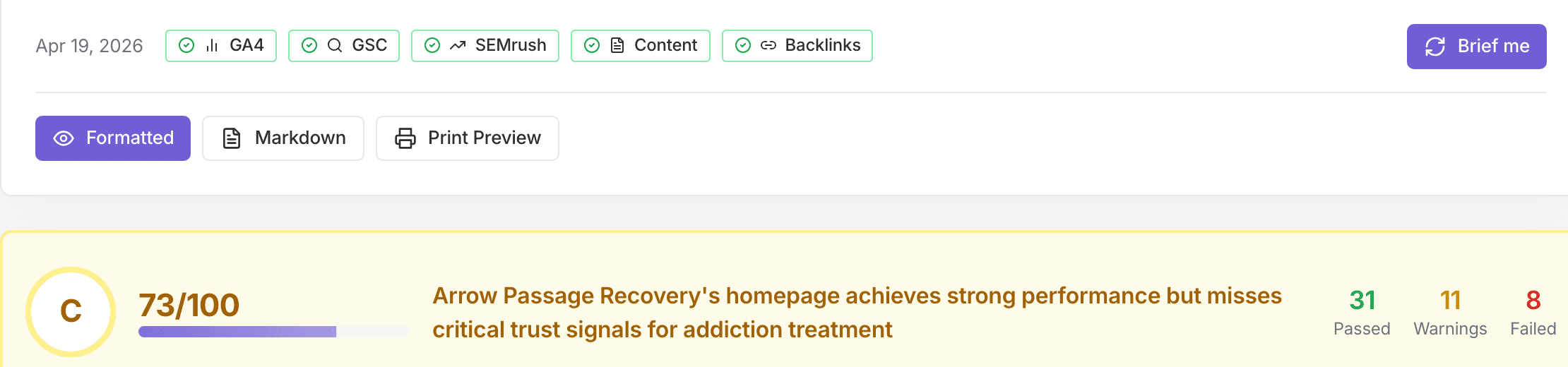 Conversion Strategist score summary with grade, pass count, warnings, and failed checks