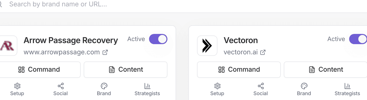 Connected website cards showing site status and controls
