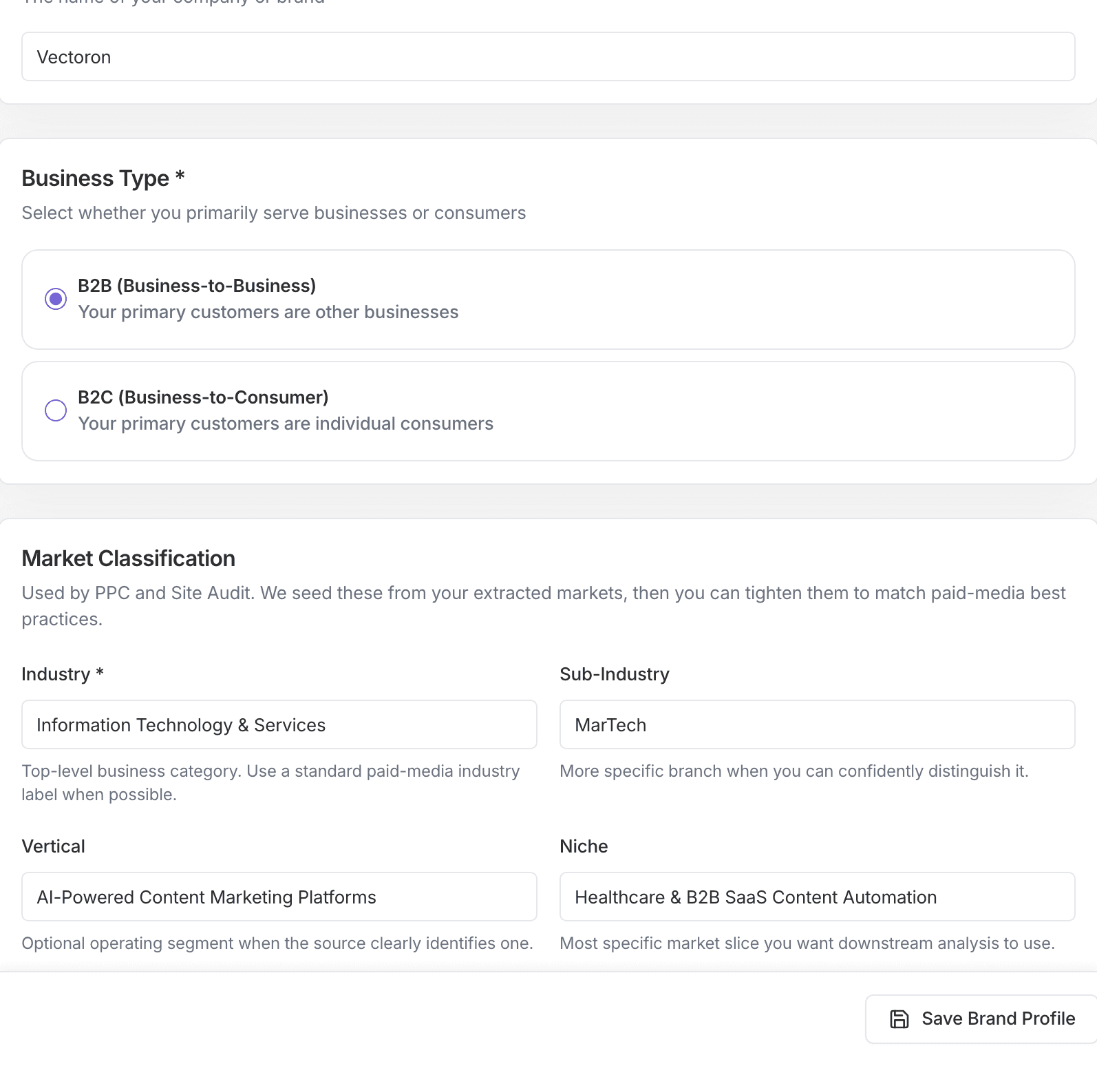 Setup screen showing brand profile and website context fields