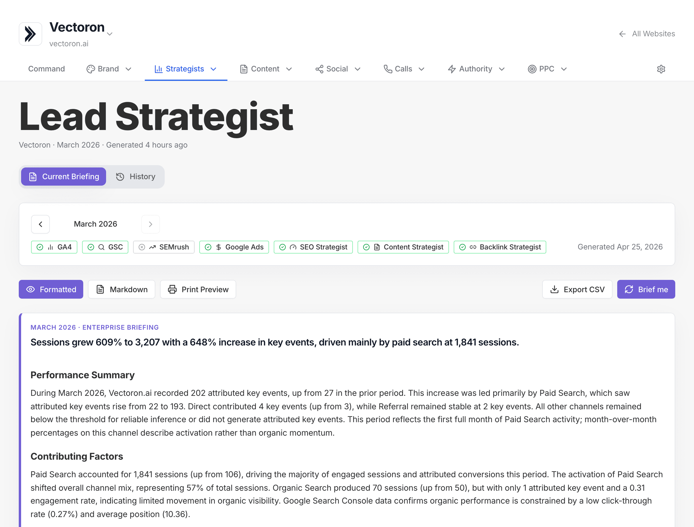 Lead Strategist briefing showing priorities and marketing actions