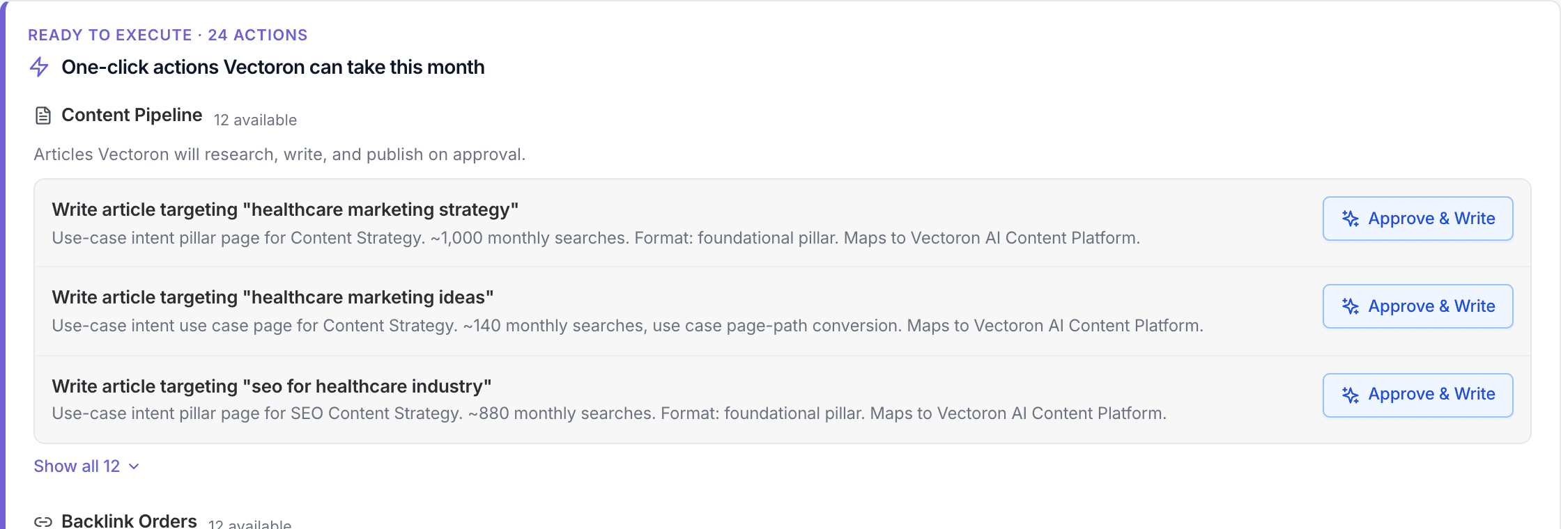Lead Strategist action queue with content and backlink work ready to execute