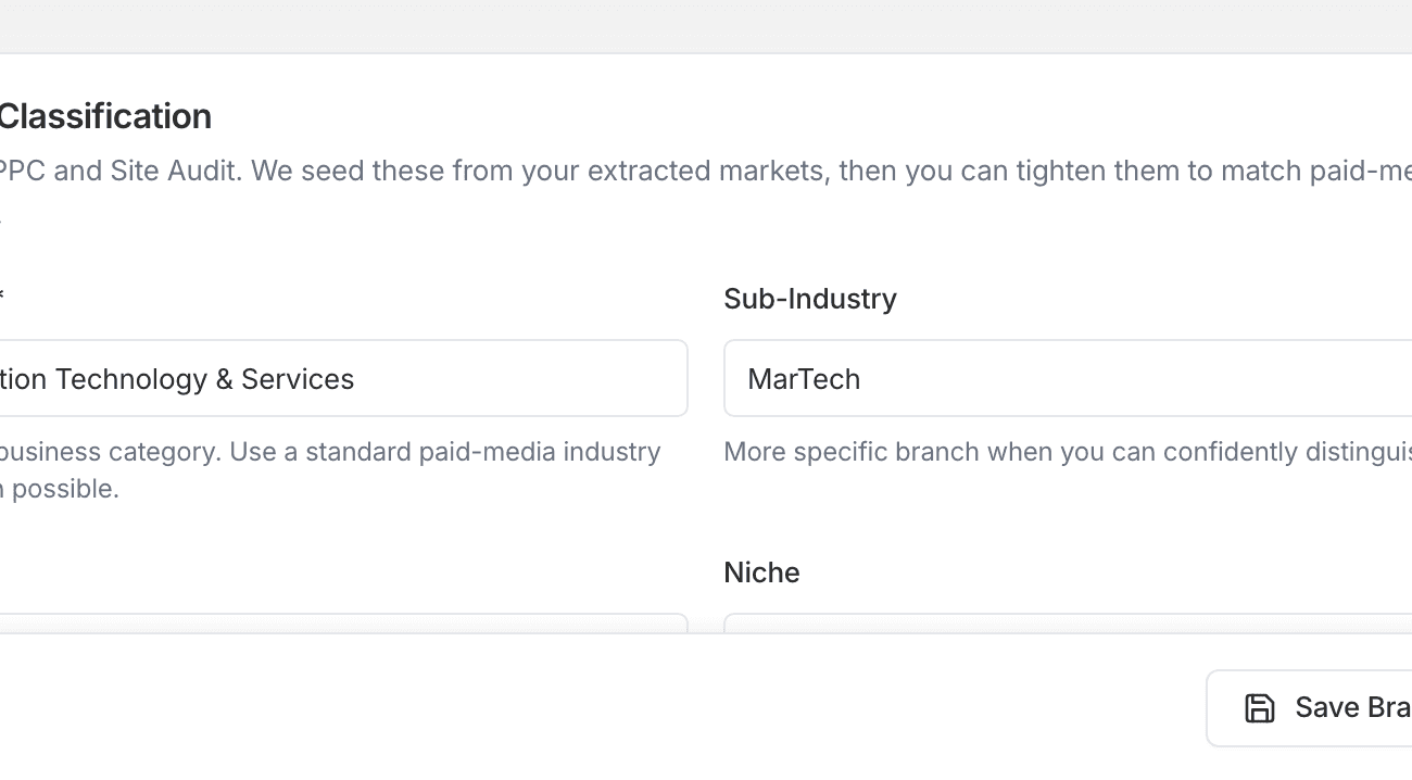 Brand Brief market context showing extracted industry, sub-industry, and niche details