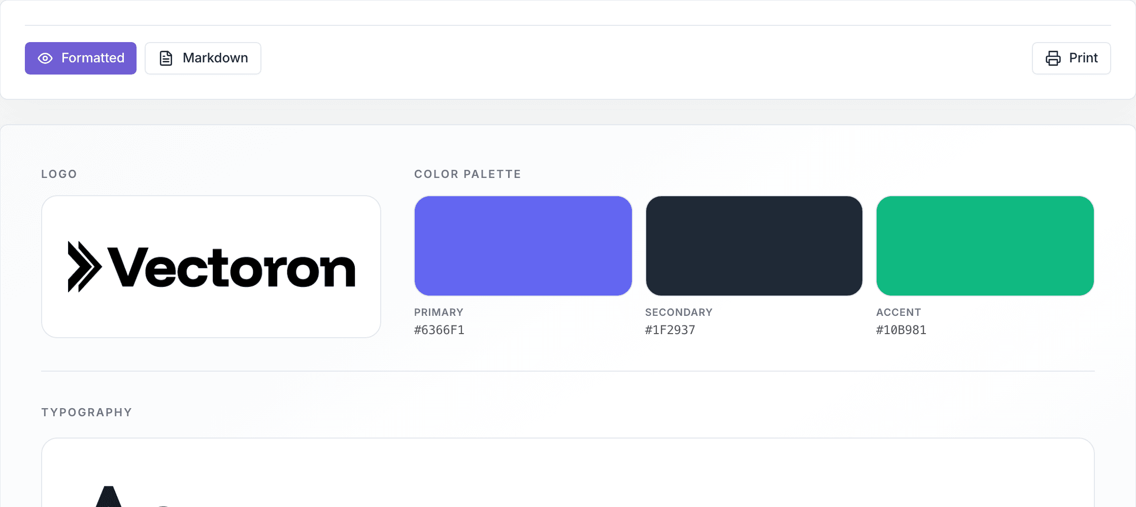 Brand Brief visual identity section with logo, color palette, and typography