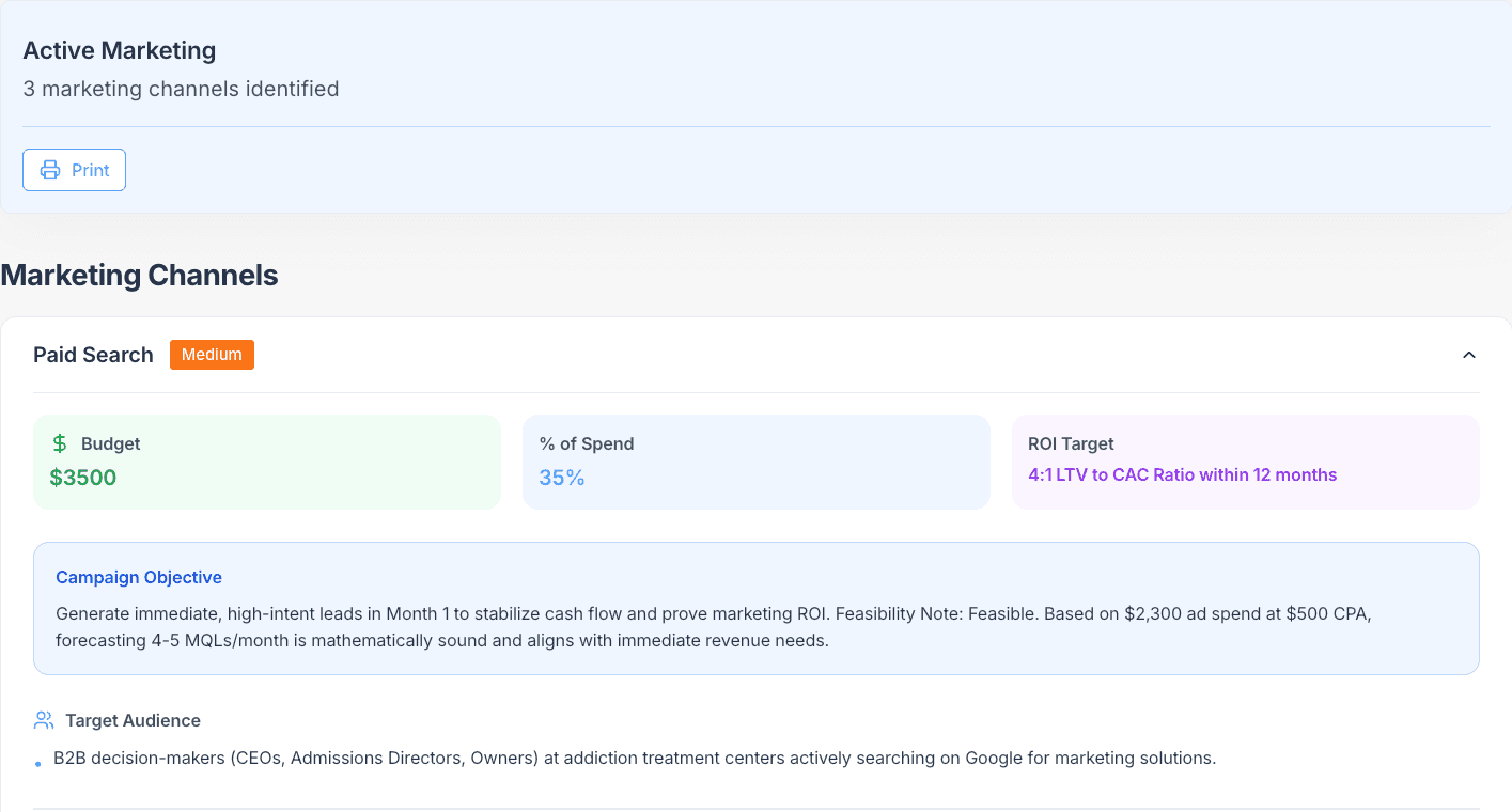 Channel Strategy overview showing identified channels and paid search priority