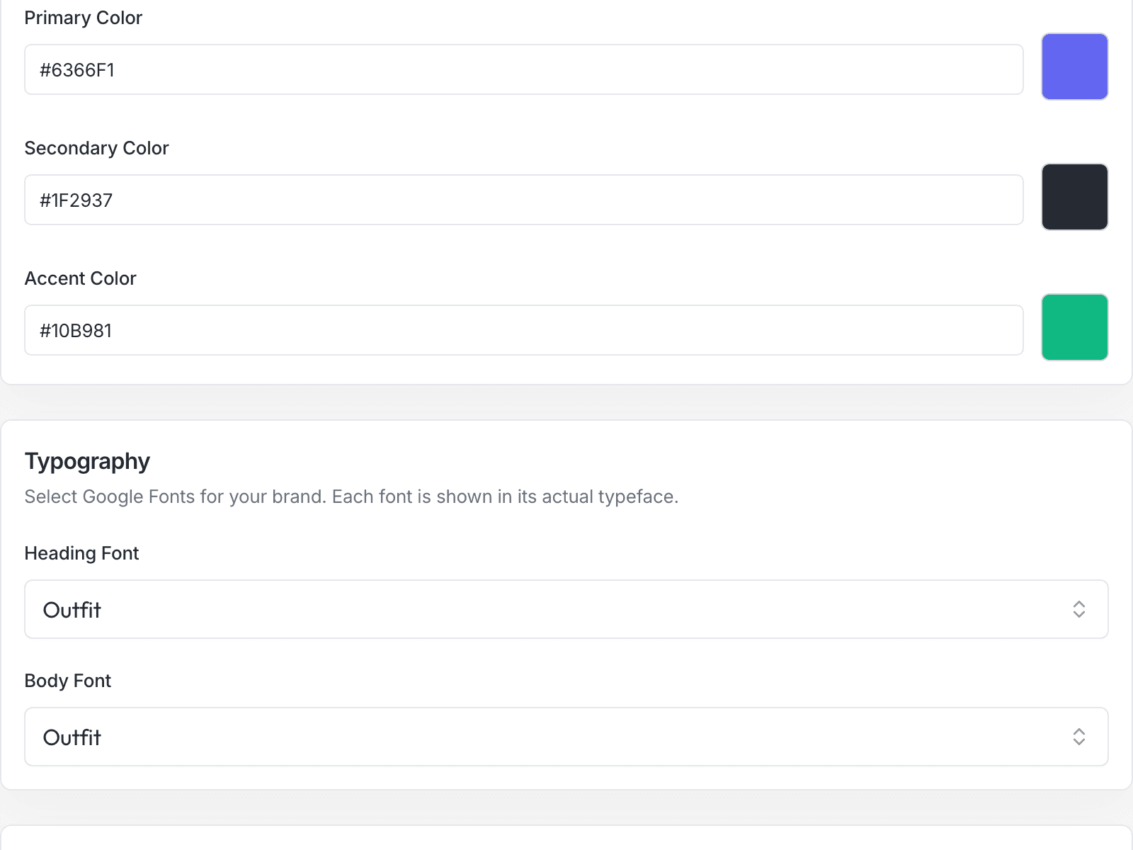 Visual identity settings showing brand colors, image style, and typography controls