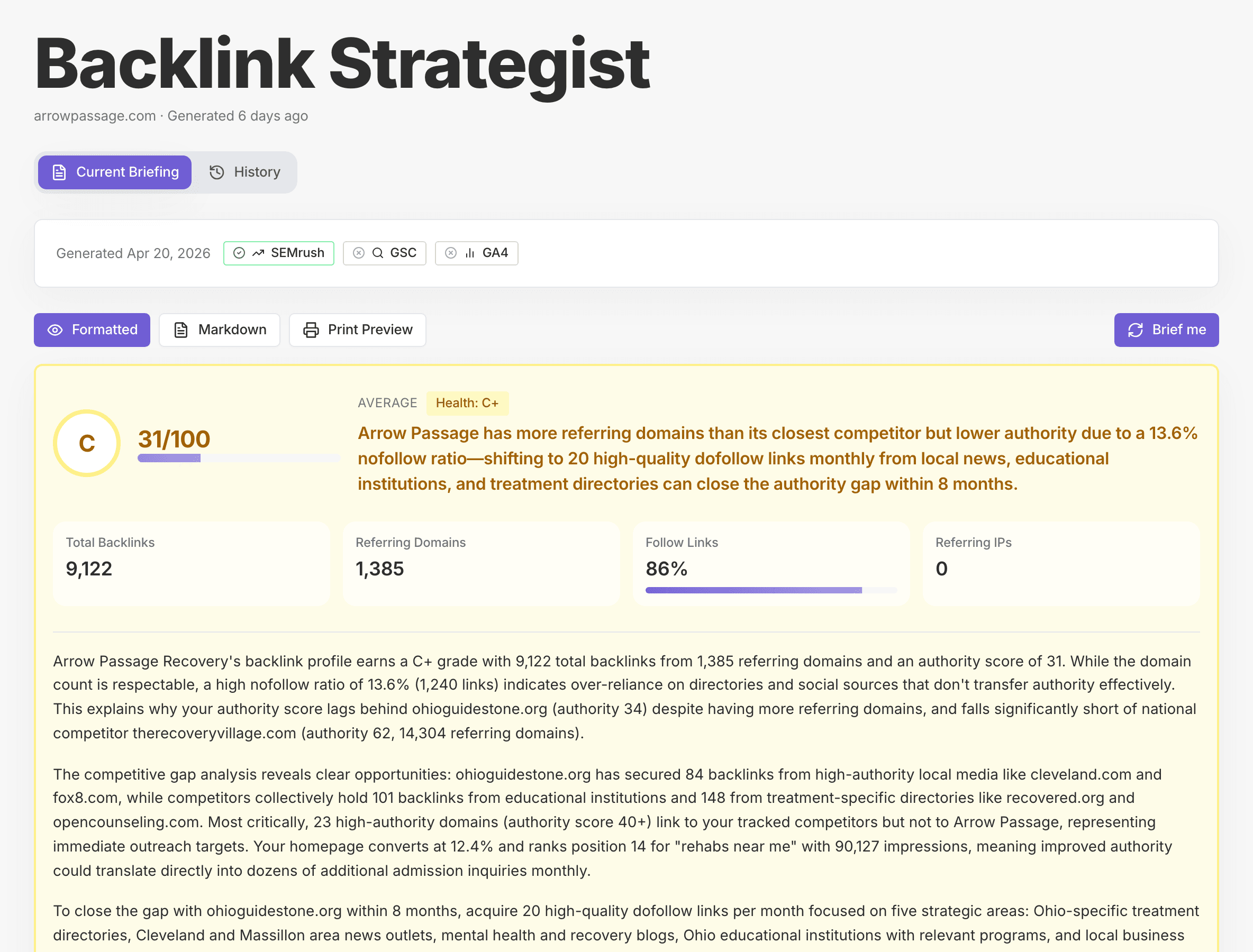 Healthcare Backlink Strategist findings with authority gap analysis and backlink priorities