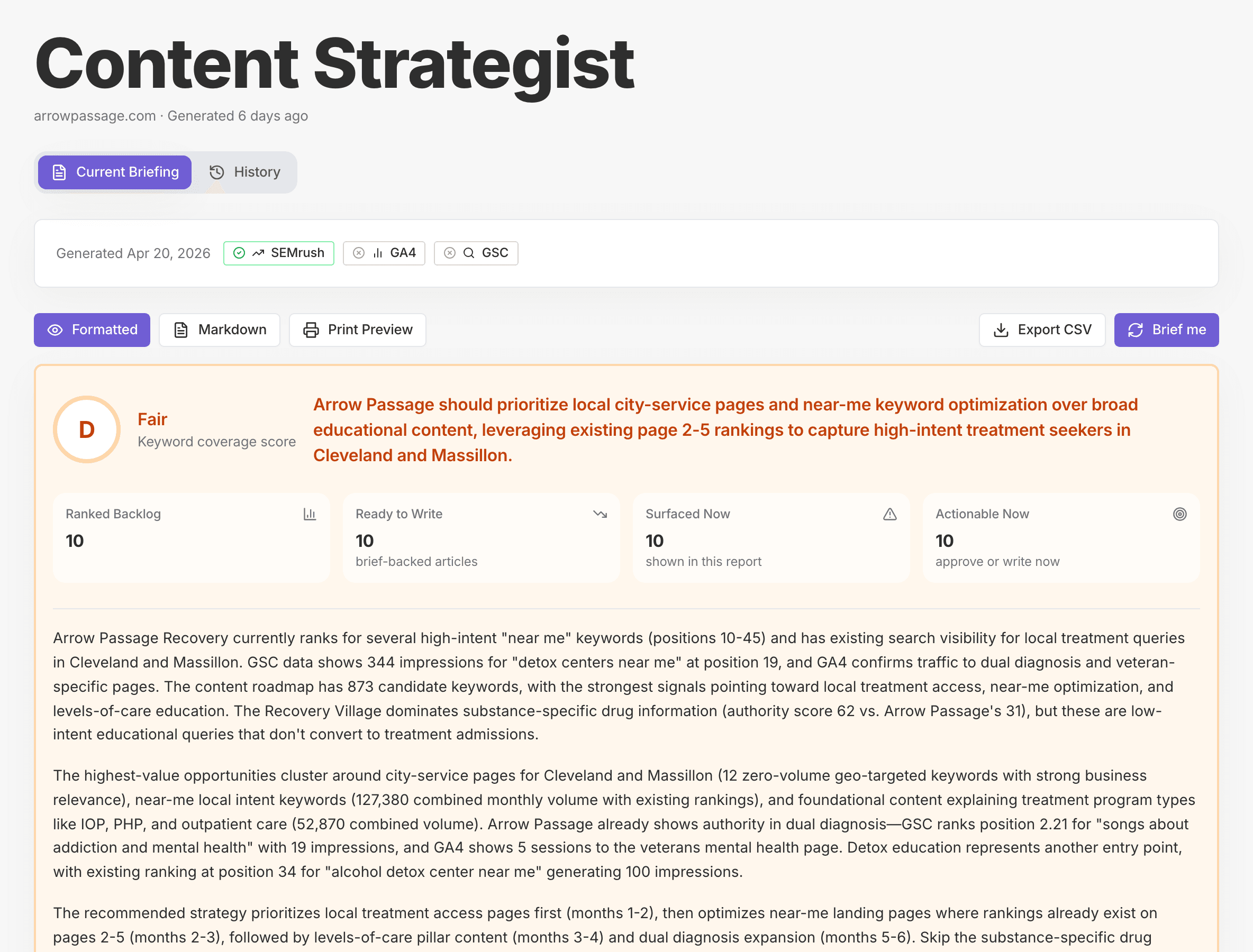 Healthcare Content Strategist findings with prioritized local and service-line content recommendations