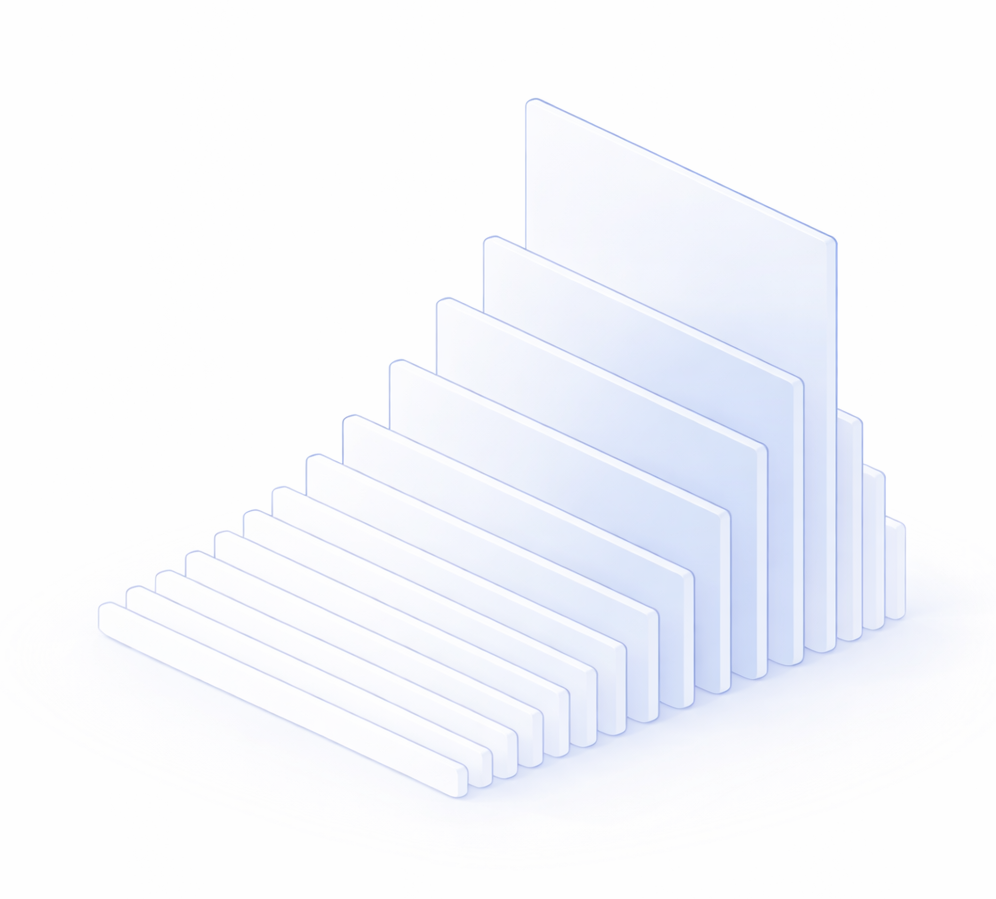 A series of translucent blue panels coming together into a complete structure