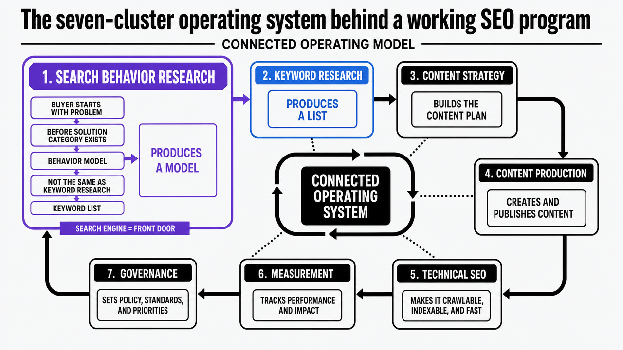 Visualize the seven coordinated SEO activity clusters as a connected operating system, reinforcing the article's central framework before readers dive into each subsection