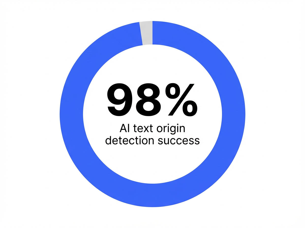 Infographic showing Success rate of an AI detection algorithm identifying text origins: 98%