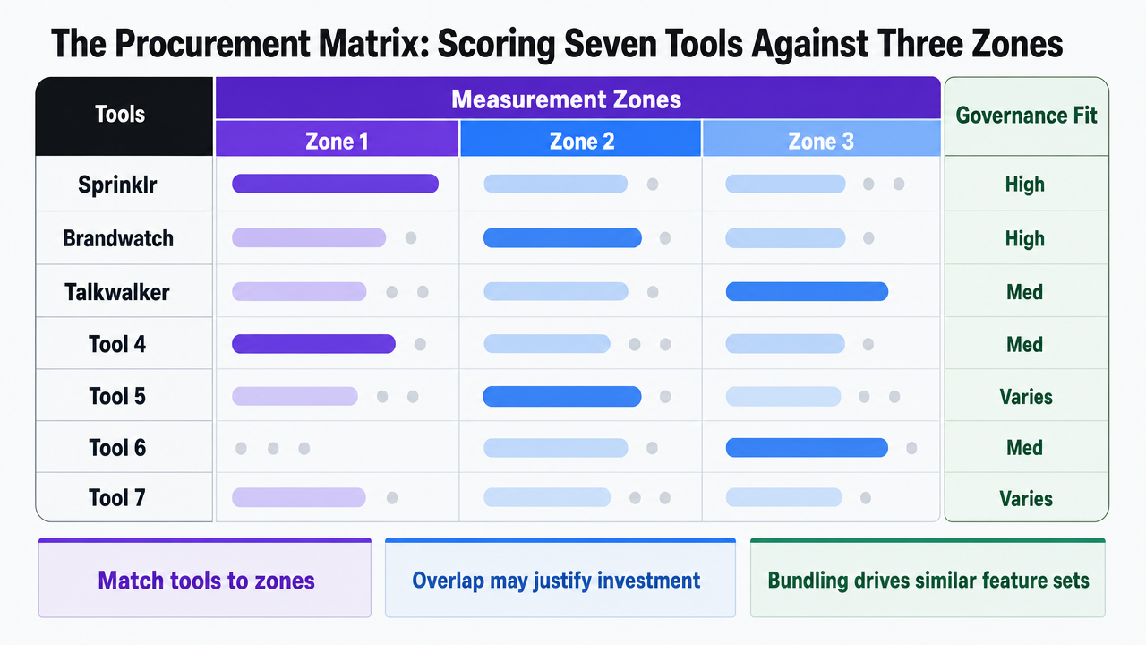 Visualize the three measurement zones and how the seven tools map across them, reinforcing the procurement framework central to this section
