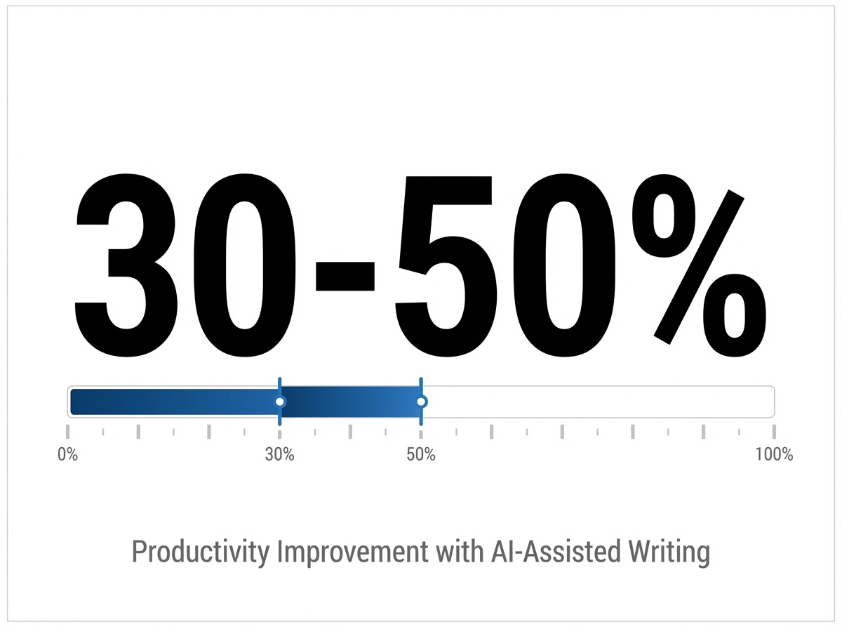 Infographic showing Productivity Improvement with AI-Assisted Writing: 30-50%