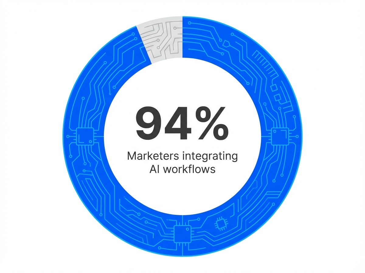 Infographic showing Marketers using AI in their workflows: 94%