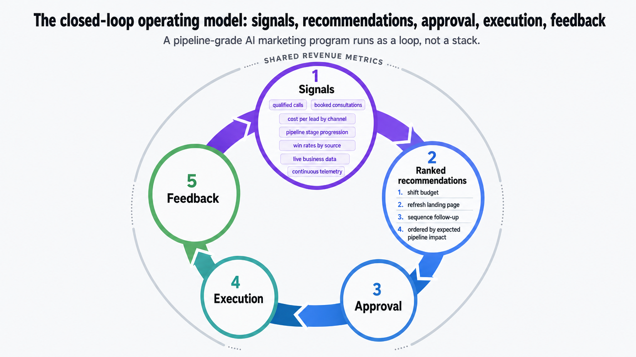 Visualize the five-stage closed-loop operating model that is the structural backbone of the article