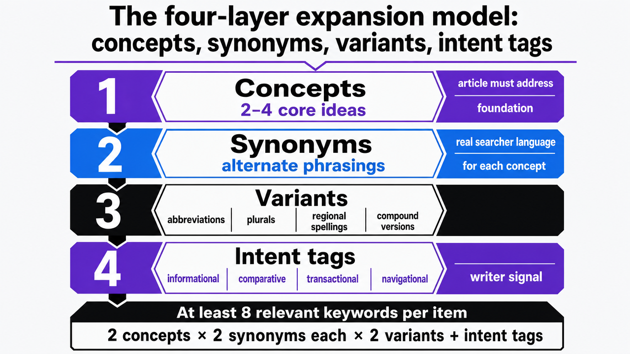 Visualize the four-layer keyword expansion model that structures every brief, directly supporting the section's framework