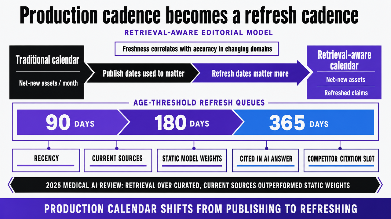 Visualize the age-threshold refresh queues described in the prose (90/180/365 days), supporting the operational redesign argument with the exact thresholds cited in the section