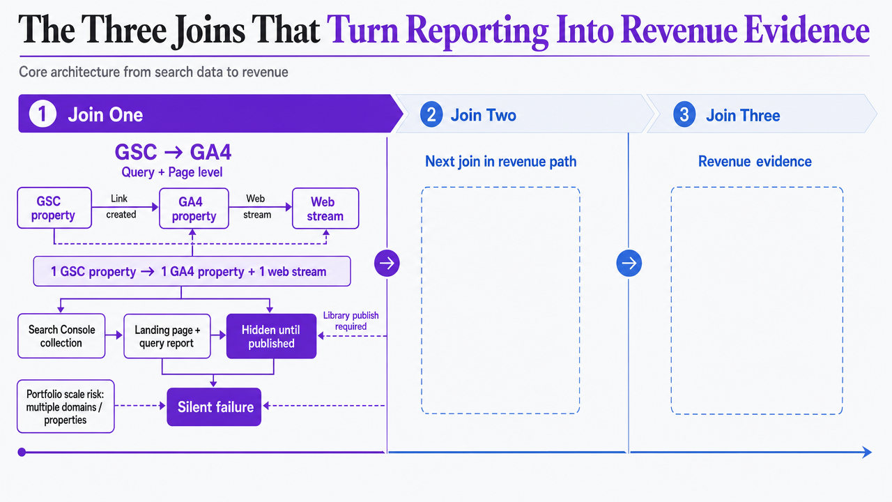 Visualize the three sequential data joins that form the core architecture described in this section, mapping the flow from search data to revenue