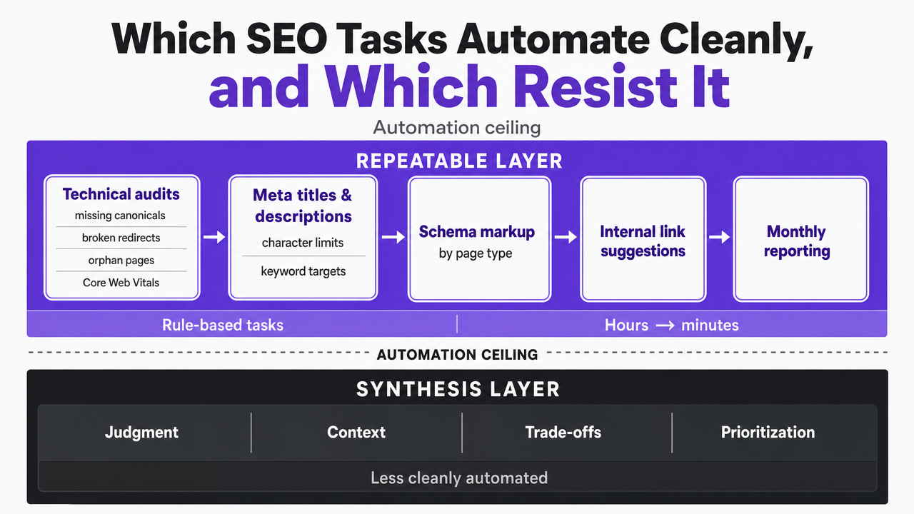 Visualize the automation ceiling concept by clearly separating the repeatable layer from the synthesis layer, which is the core framework of this section