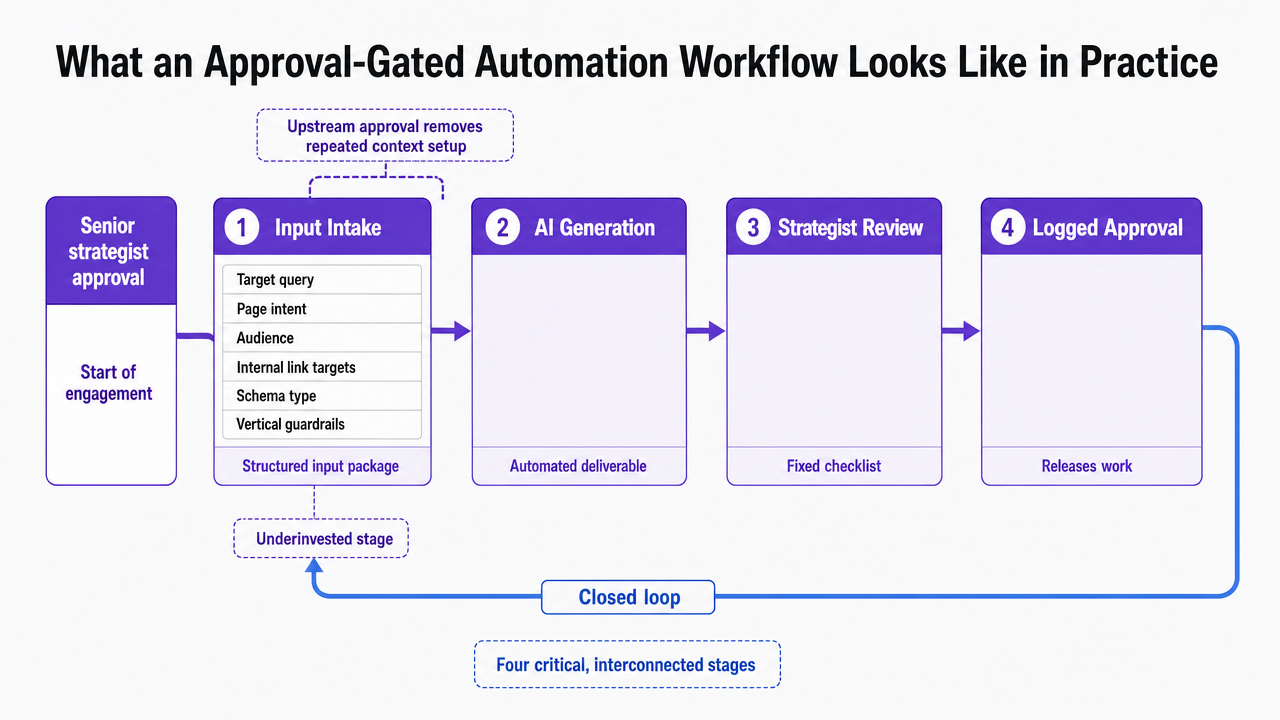 Visualize the four-stage closed-loop workflow described in this section (intake, generation, review, logged approval) which is explicitly the structure of the prose