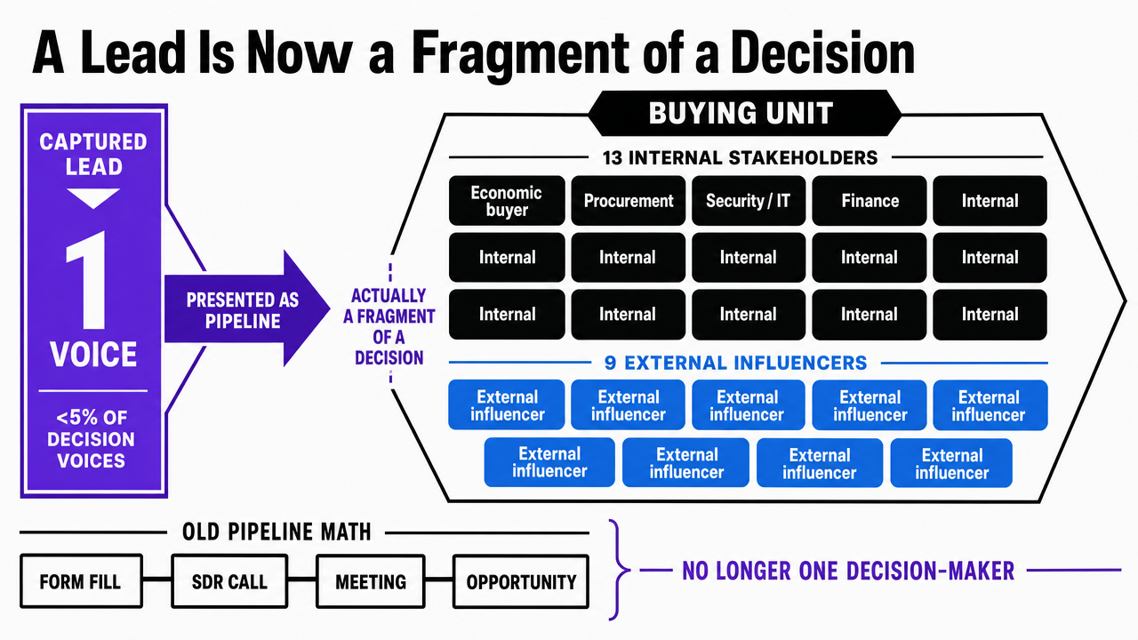 Visualize the asymmetry between a single captured lead and the full 22-person buying unit cited directly in this section, reinforcing why MQLs misrepresent decision-making