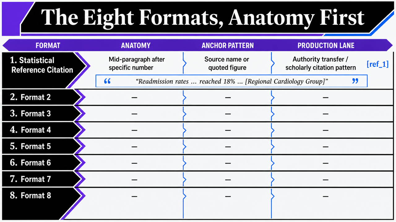 Visualize the eight backlink format catalog as a structured comparison grid so readers can scan the anatomy of each format alongside its anchor pattern and production lane