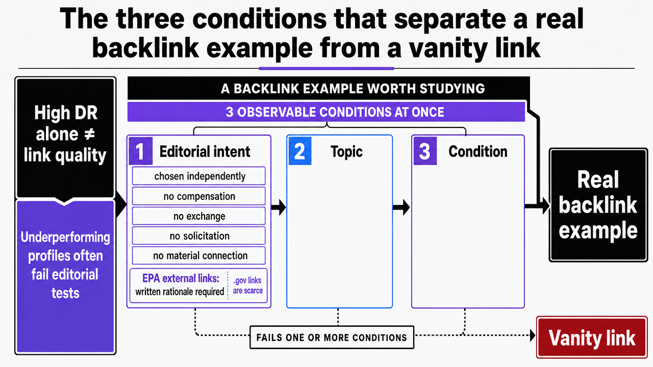 Visualize the three editorial conditions framework introduced in this section as a clear reference diagram