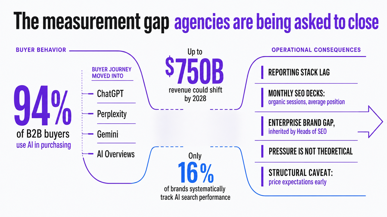Visualize the McKinsey stat that only 16% of brands systematically track AI search performance against the $750B revenue impact, anchoring the measurement gap thesis of the section