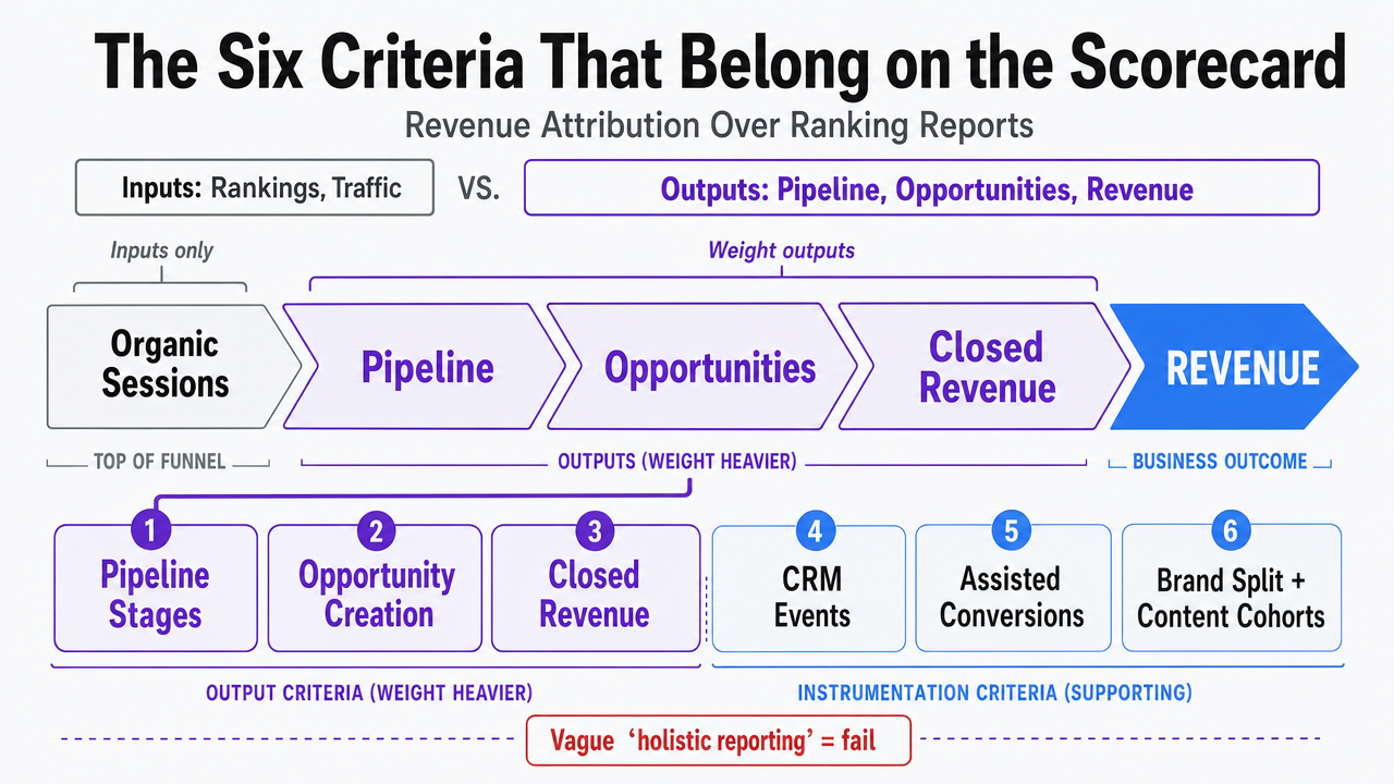 Visualize the six weighted evaluation criteria as a process framework, directly mirroring the scorecard breakdown discussed in this section and the next