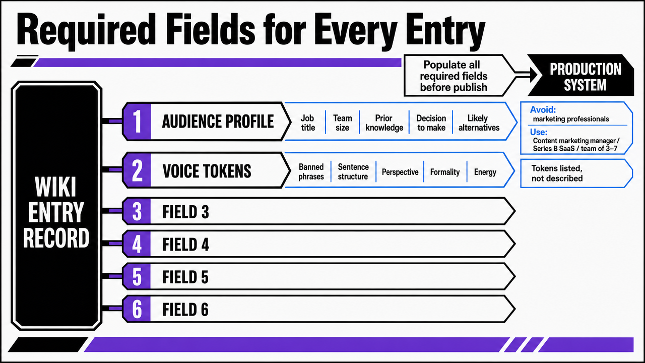 Visualize the six required fields described in the section as a structured schema, supporting the article's framework for wiki entries