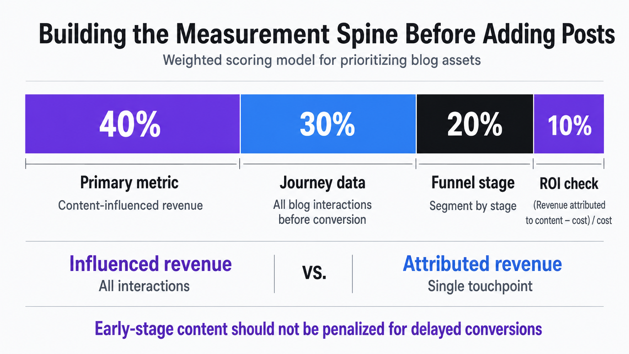 Visualize the 40/30/20/10 weighted scoring model cited in the section for prioritizing blog assets