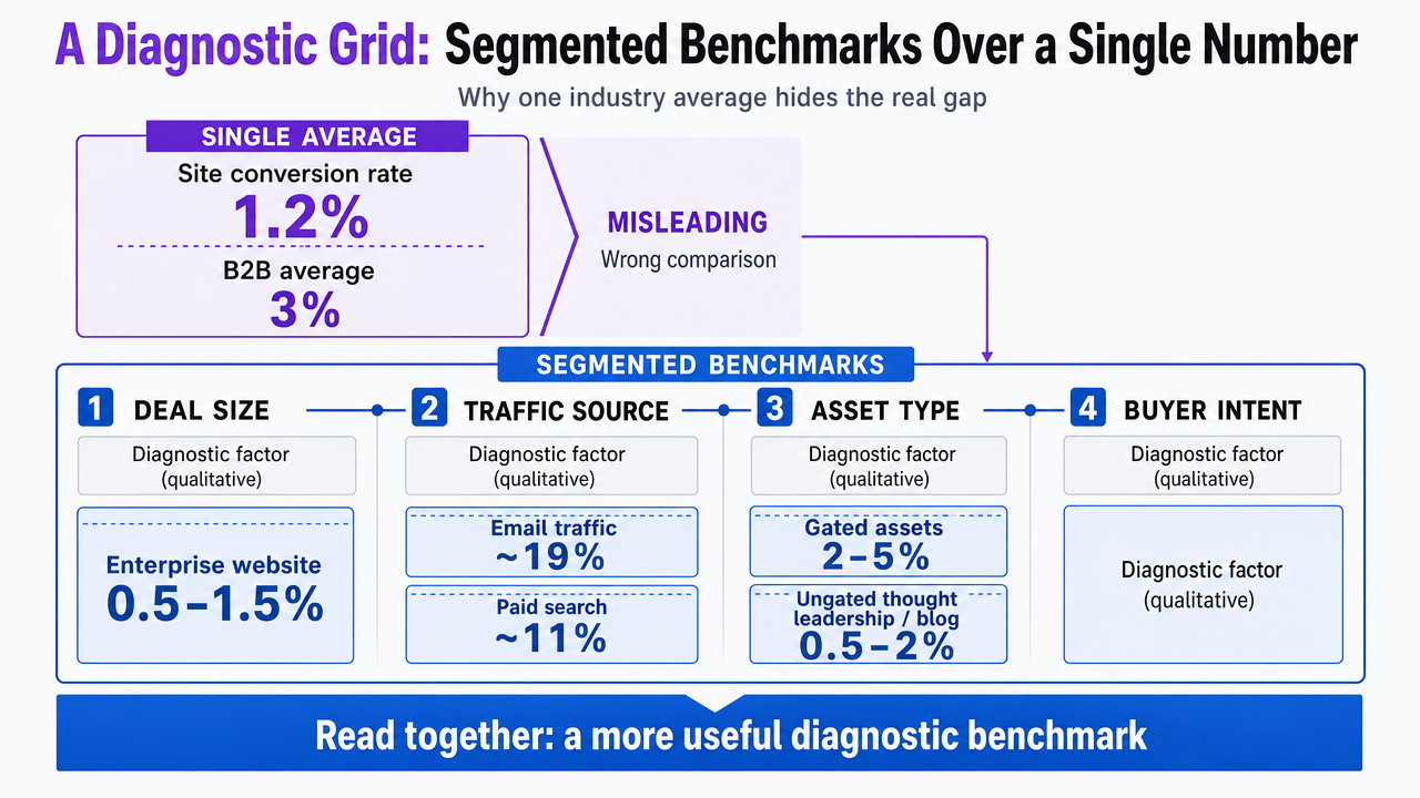 Visualize the segmented B2B conversion benchmark grid cited in the section, giving readers a diagnostic reference matching the prose figures