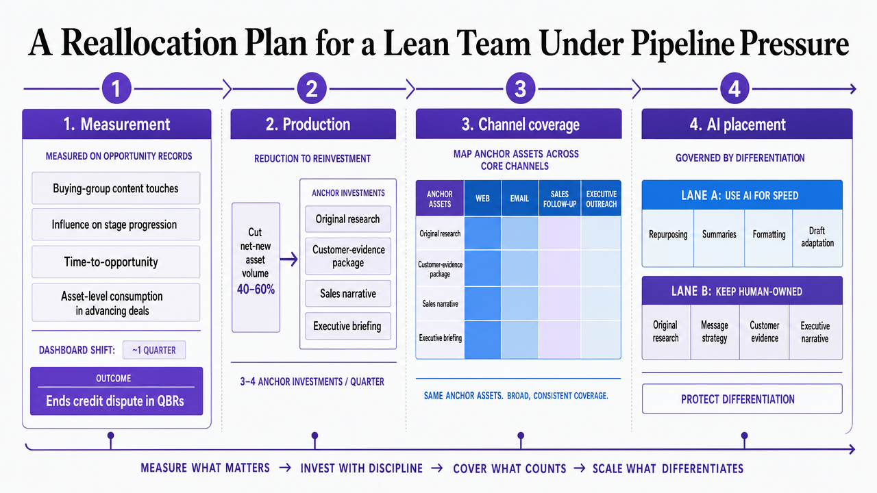 Visualize the four-move operating plan (measurement, production, channel coverage, AI placement) that closes the article