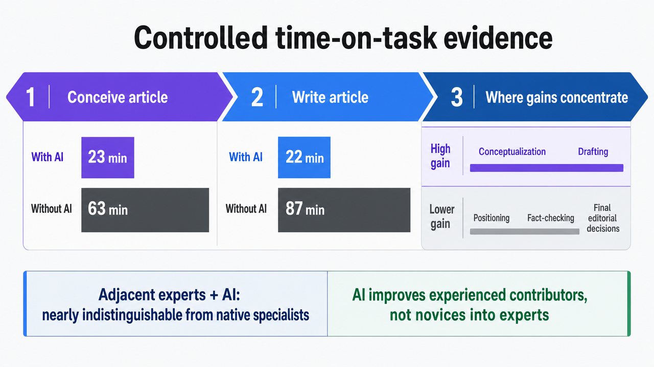 Visualize the Harvard Business School field experiment data showing concrete time savings from AI assistance on article conception and writing tasks, which is the core evidence anchor for this section