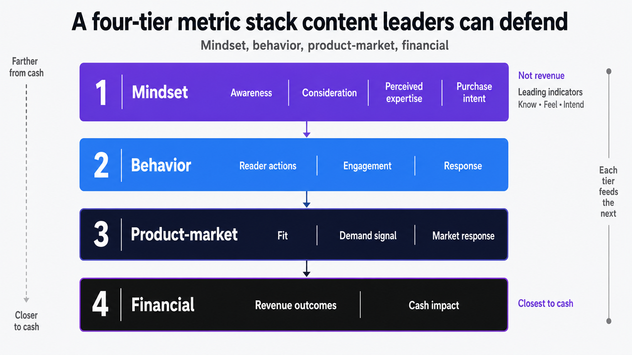 Visualize the peer-reviewed four-tier taxonomy (mindset, behavior, product-market, financial) that organizes the entire article's measurement architecture