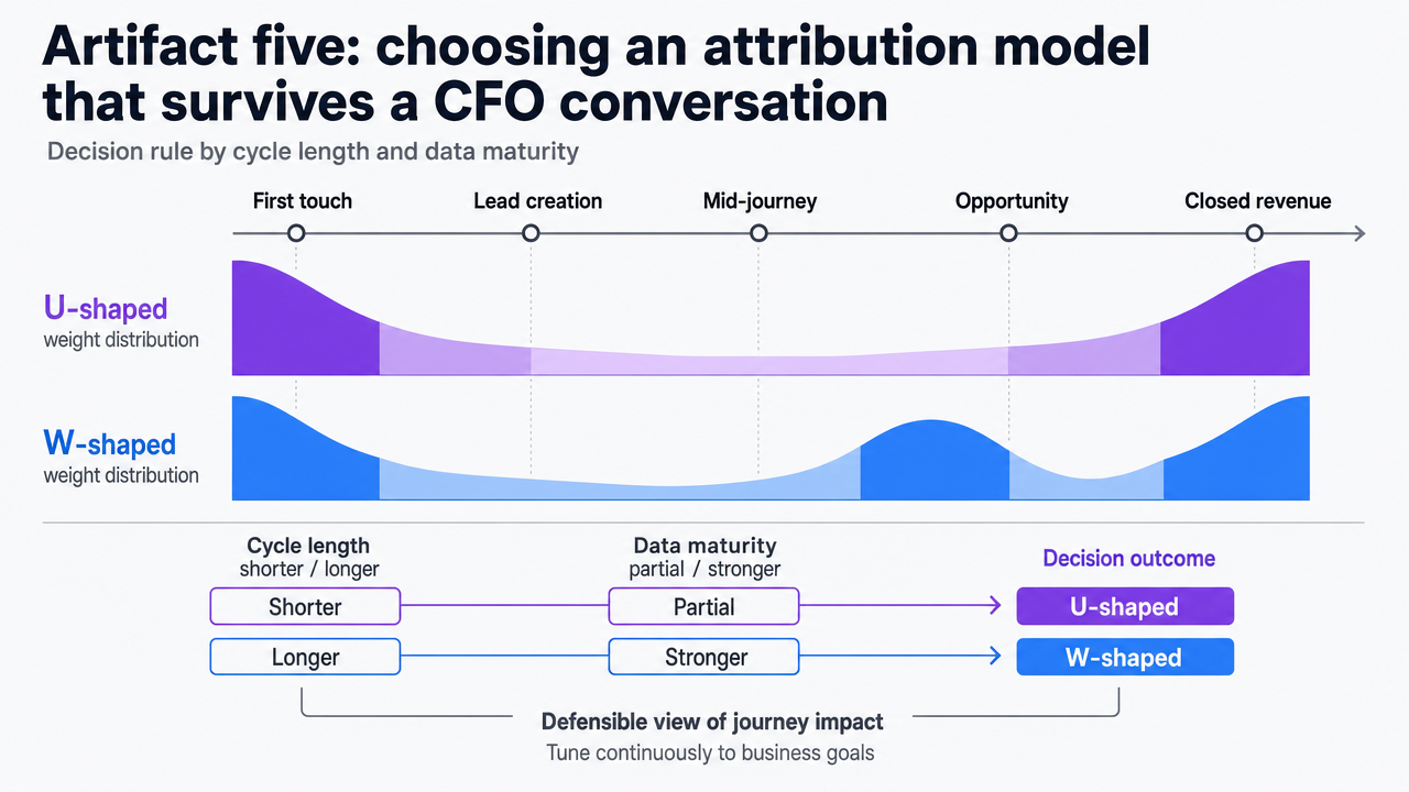 Visualize the decision rule comparing U-shaped vs W-shaped attribution by cycle length and data maturity, as the section explicitly lays out a comparison framework with named weight distributions