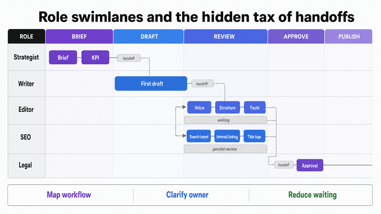 Show the parallel swimlane production model with named role owners, directly supporting the section's argument that swimlanes replace sequential waiting with parallel work