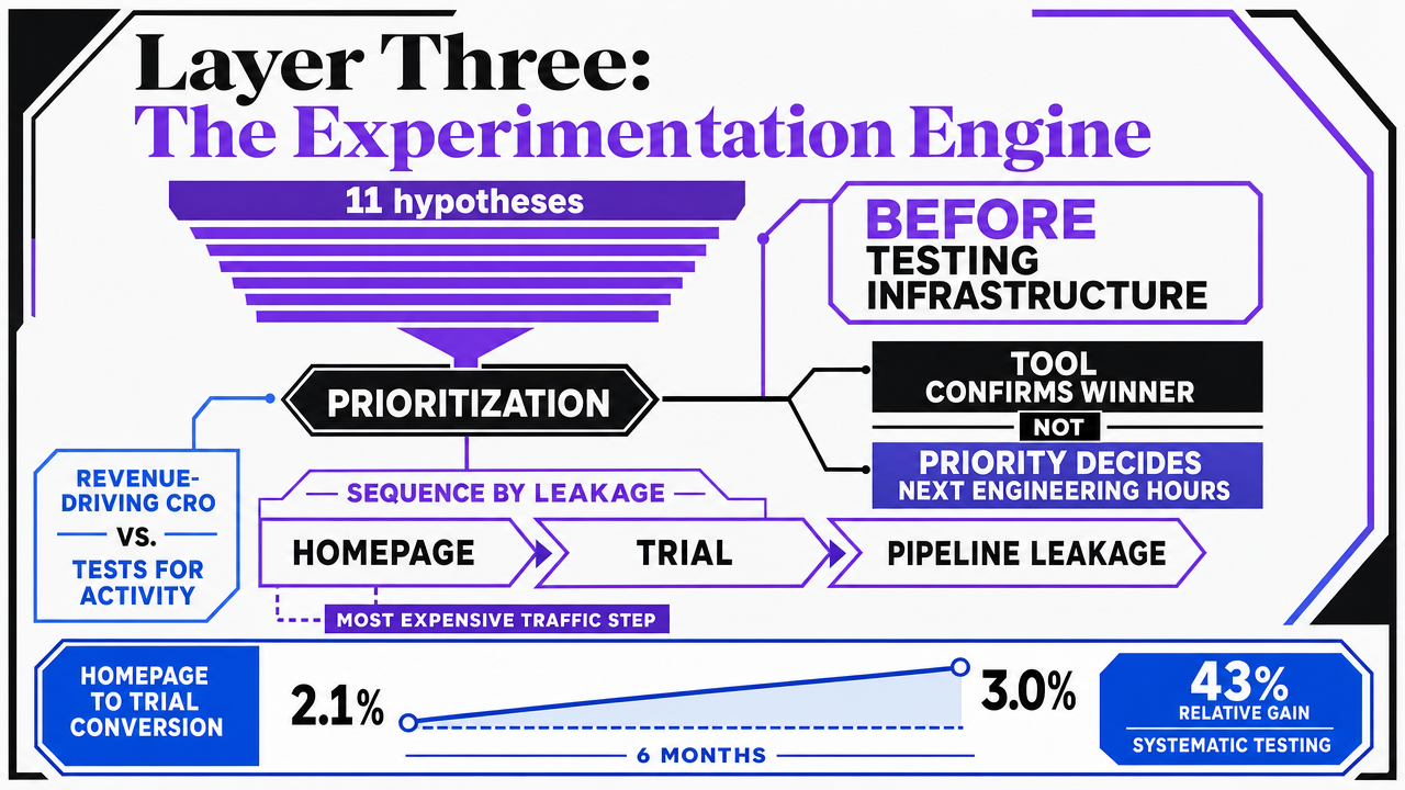Support the cited B2B SaaS case showing homepage-to-trial conversion rose from 2.1% to 3.0% over six months through systematic testing, which is referenced directly in this section