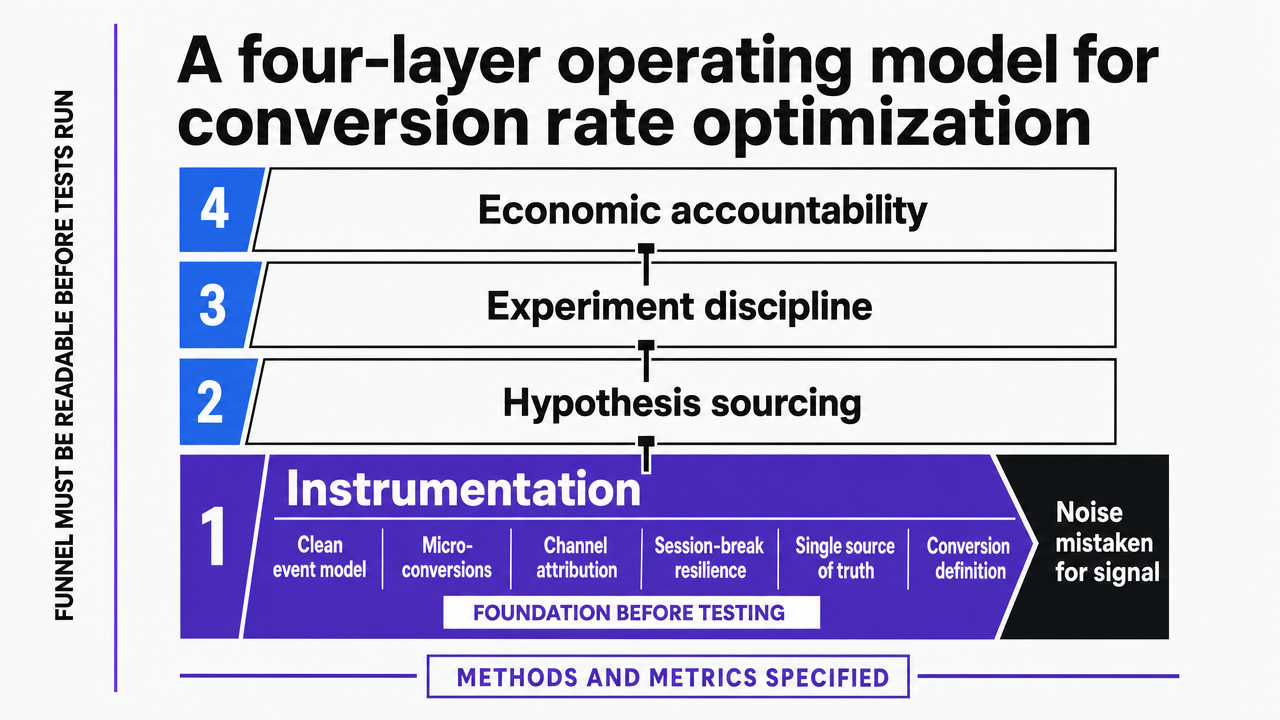 Visualize the four-layer CRO operating model that structures the entire section: instrumentation, hypothesis sourcing, experiment discipline, and economic accountability