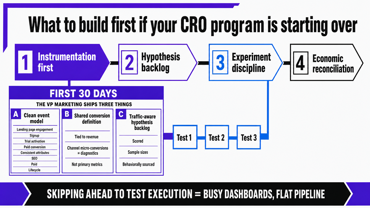Visualize the 30-day rebuild sequence described in the section: event model, shared conversion definition, and traffic-aware hypothesis backlog, followed by the first three tests