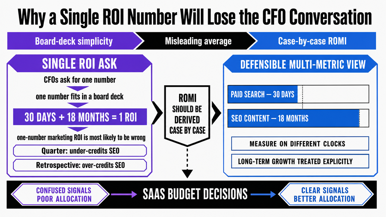 Visualize the comparison between the single-number ROI ask and the defensible multi-metric alternative the section prescribes