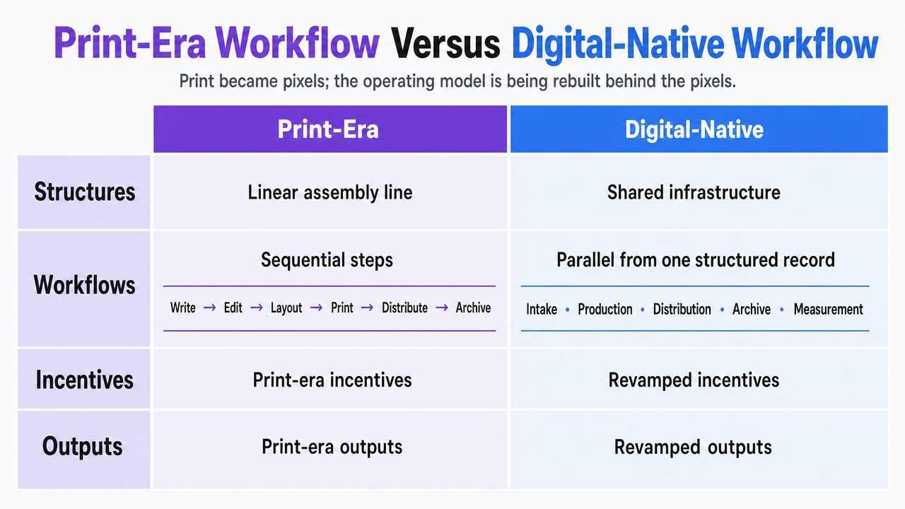 Comparison table contrasting print-era and digital-native operating models across four dimensions cited in the section