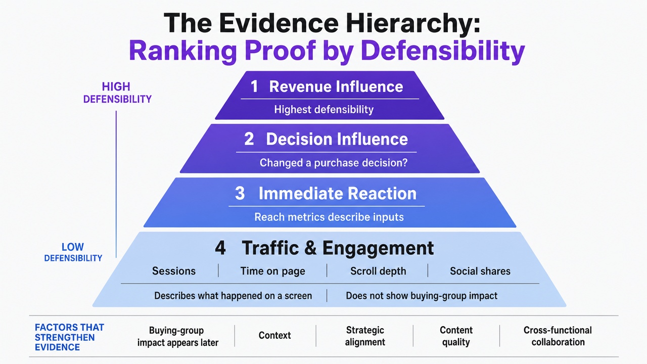 Visualize the four-tier evidence hierarchy from low-defensibility traffic metrics at the base to high-defensibility revenue influence at the top, directly supporting the section's ranking framework