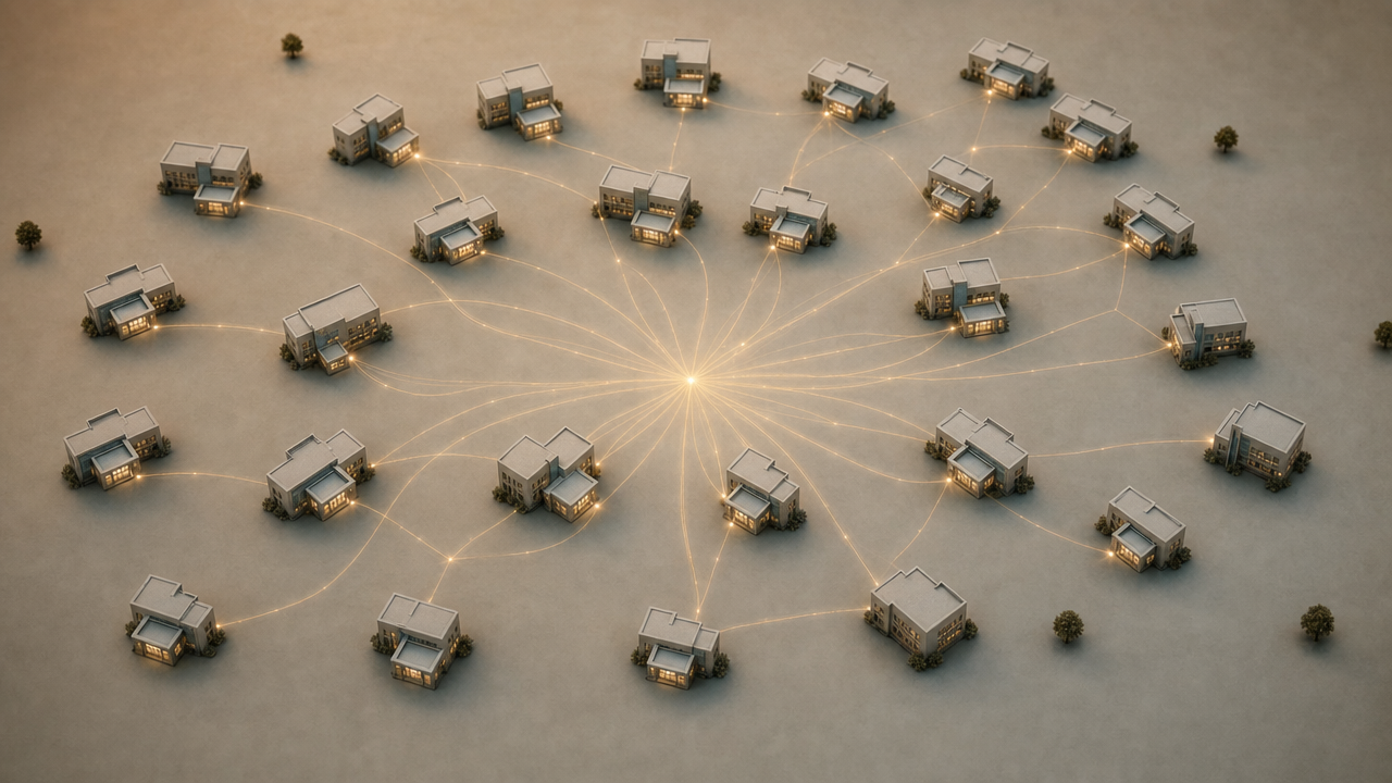 Convey the conceptual contrast between fragmented per-location execution and a unified account-level plan across many sites.